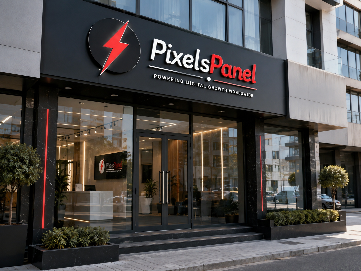 Pixels Panel headquarters storefront with the red lightning bolt logo and the tagline Powering Digital Growth Worldwide